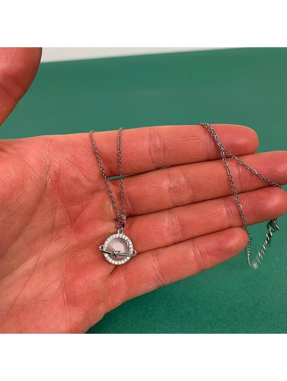 Y2k silver opal planet pendant opium necklace. Cool design. Chain is unisex. 18
